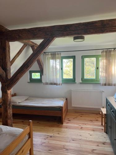 1 Schlafzimmer mit 2 Betten und grünen Fenstern in der Unterkunft Spokojny Zaułek in Ulinia