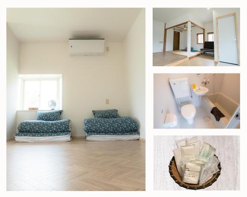 three pictures of a room with a bed and a mirror at Ikokujyoucho - Vacation STAY 35774v in Nishinoomote