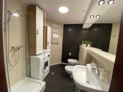 a bathroom with two toilets and a sink and a shower at Silver Apartments in Wrocław