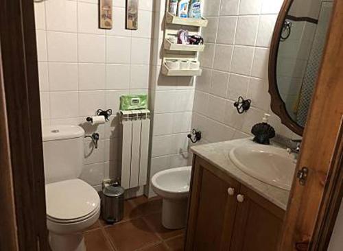 a bathroom with a toilet and a sink and a mirror at Lovely triplex apartment in La vall de Boi in Pla de l'Ermita