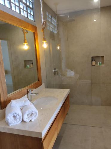 a bathroom with a sink and a shower at Umah Anyar in Canggu