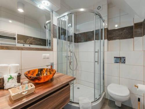 a bathroom with a shower and a sink and a toilet at Willa Natura in Jurgów