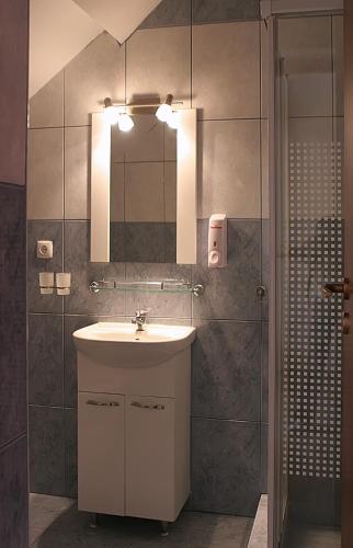 a bathroom with a sink and a mirror at Hotel Pamira in Sibiu