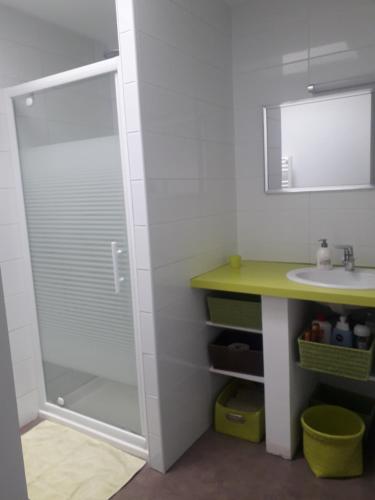 La salle de bains est pourvue d'une douche en verre et d'un lavabo. dans l'établissement L' ART CHAMP BEAU, 