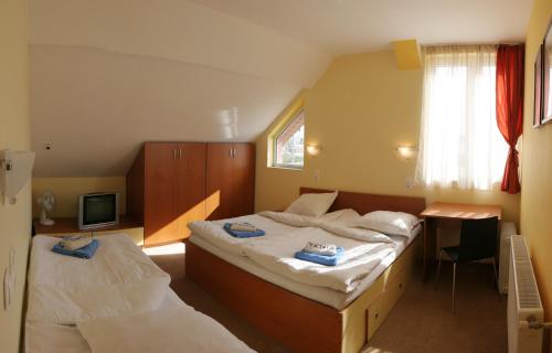 a hotel room with two beds and a television at Hotel Pamira in Sibiu