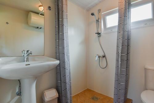 a bathroom with a sink and a shower at Namelio nuoma in Palanga
