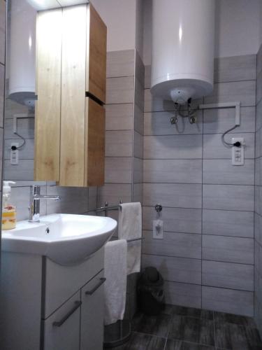 a bathroom with a sink and a mirror at Prenočišča Miklavčič in Nova Vas