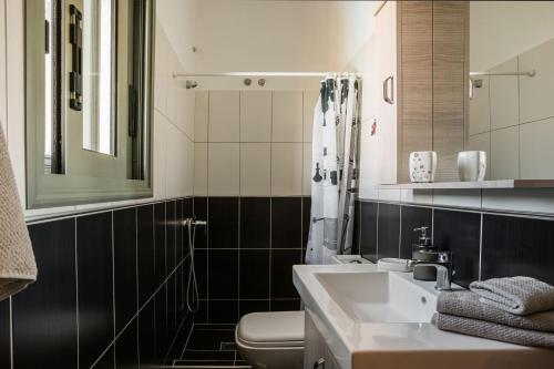 W łazience znajduje się umywalka, toaleta i lustro. w obiekcie Villa Elaia w mieście Svoronata