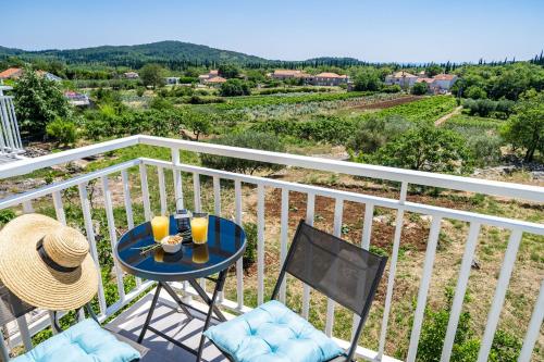 einen Tisch und Stühle auf einem Balkon mit Aussicht in der Unterkunft Apartments Amalija in Čilipi