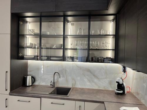 a kitchen with a sink and glass shelves with dishes at Villa Slatine apartment in Slatine