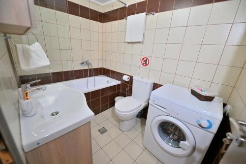 a bathroom with a toilet sink and a washing machine at Artemis No.2 Apartment in Kissamos