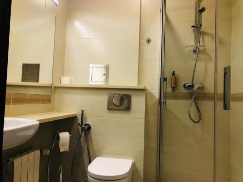 a bathroom with a toilet, sink, and shower at Centrum Barnabitów in Warsaw