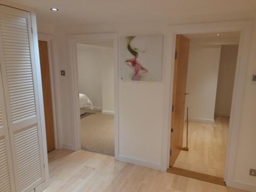 un pasillo con una pared blanca y una puerta con una pintura en North Laine Deluxe Apartment sleeps 6 en Brighton & Hove