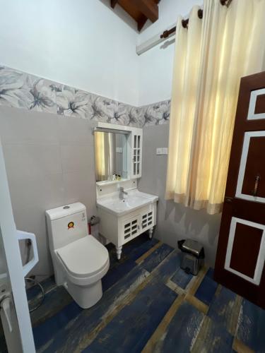 a bathroom with a white toilet and a sink at Sandali Walauwa in Bentota