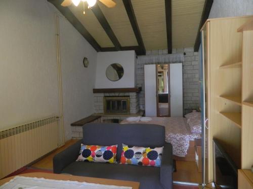 a living room with a couch and a fireplace at Apartments vila Vanda in Poreč
