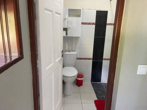 a small bathroom with a toilet in a room at Bas de villa couleuvre in Deshaies