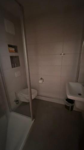 a bathroom with a shower and a toilet and a sink at Hotel Pension Brilke Negast in Steinhagen