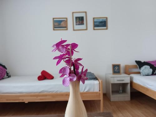 a vase with purple flowers in a room with two beds at Cookies Old House Visoko in Visoko