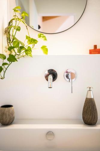 a bathroom sink with a mirror and a plant at HibiscusUno Tropea Residence in Tropea