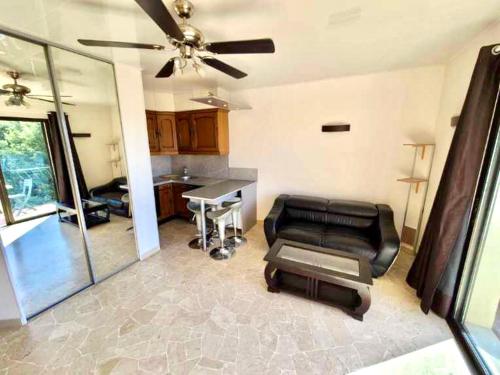 un salon avec un canapé et une table dans l'établissement Appartement 2 pièces vue mer avec balcon/terrasse, à Saint-Mandrier-sur-Mer