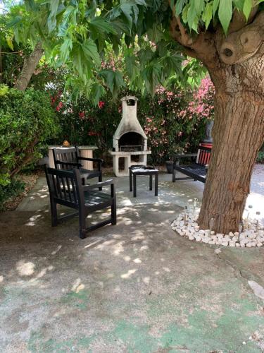 a group of benches sitting under a tree at Les dahlias appartement 4 personnes Jacuzzi Barbecue Jardin arboré Climatisé in Agde