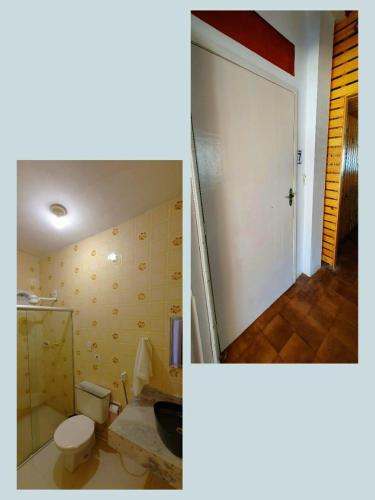 two pictures of a bathroom with a toilet and a door at Barra lounge in Maragogi