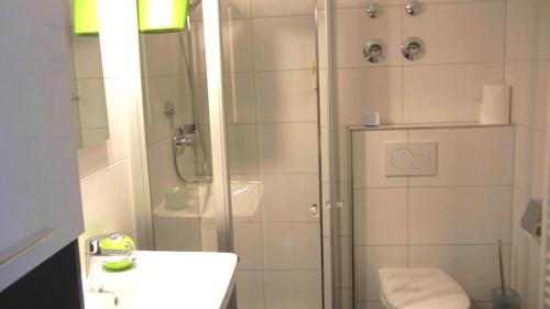 y baño con ducha, aseo y lavamanos. en FeWo "Hündleblick" Oberstaufen/Steibis en Oberstaufen