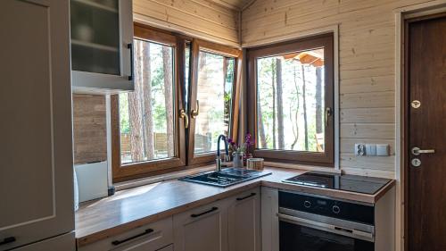 a kitchen with a sink and two windows in a log cabin at Słoneczny Domek Borsk nr 2 i 15 in Borsk