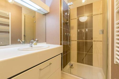 uma casa de banho com um lavatório e uma cabina de duche em vidro. em Les 4 horizons au sein d' une résidence calme em Talant
