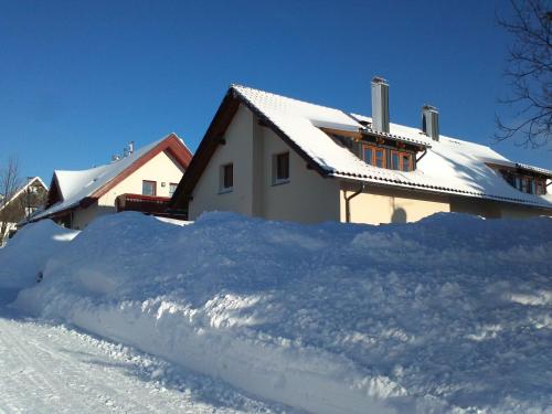 a pile of snow in front of a house at Chata Marta in Boží Dar