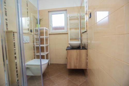 ein kleines Bad mit WC und Waschbecken in der Unterkunft Apartments Silvano in Poreč