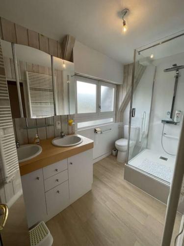 La salle de bains est pourvue de 2 lavabos, d'une douche et de toilettes. dans l'établissement LAROCHE Grand duplex dans le centre historique avec garage, à Vannes