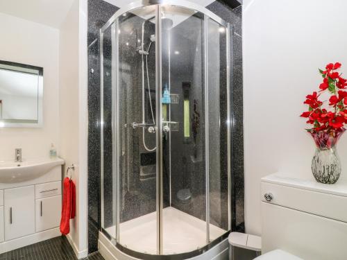 a shower with a glass door in a bathroom at Lodge 27 in Bideford
