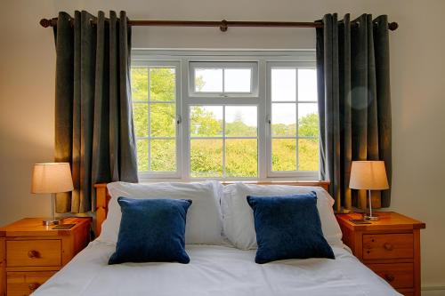 a bed with two blue pillows in front of a window at Leworthy Farmhouse Bed and Breakfast in Holsworthy