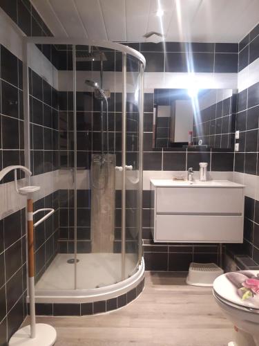 une salle de bain avec douche et lavabo dans l'établissement Résidence St Hélion, à Sète