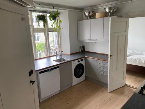 a kitchen with a sink and a washing machine at Lejlighed indre København tæt ved Hovedbanegården. in Copenhagen