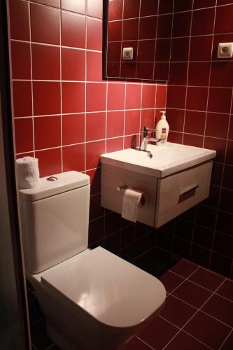 a bathroom with a toilet and a sink and red tiles at Casas do Fantal in Vale de Salgueiro