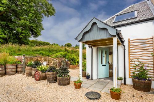 a white cottage with a blue door and potted plants at Cruickshanks Boutique B&B in Whiting Bay