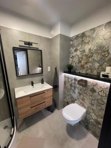 a bathroom with a sink and a toilet and a mirror at Apartament Husarska in Rumia
