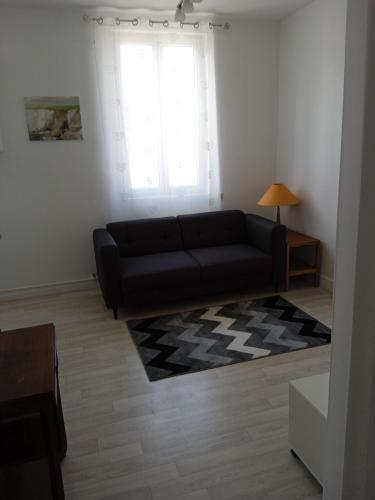 a living room with a black couch in front of a window at Aux prés verts in Fécamp