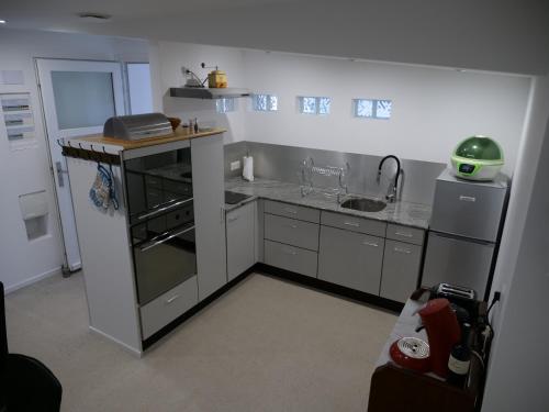 a small kitchen with a sink and a counter at Le grenier des hirondelles Gîte appartement au coeur de la route des vins d'Alsace in Rouffach