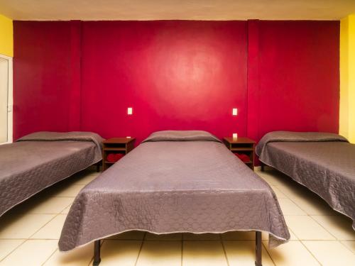 two beds in a room with a red wall at Hotel Santa Cruz, San Juan de los Lagos in San Juan de los Lagos