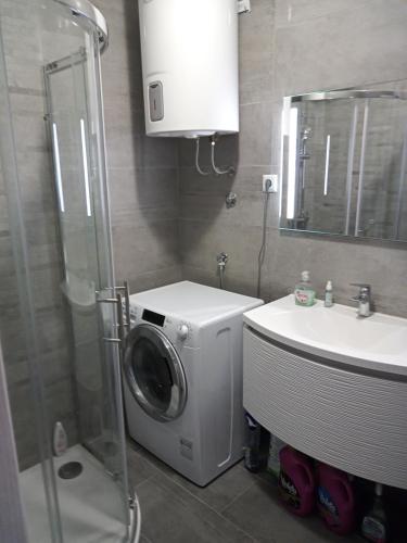 ein Badezimmer mit einer Waschmaschine und einem Waschbecken in der Unterkunft Apartma D in Ližnjan