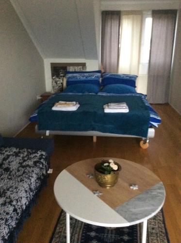 a bedroom with a bed and a table in it at Dachstudio mit Bad und Terasse in Cologne