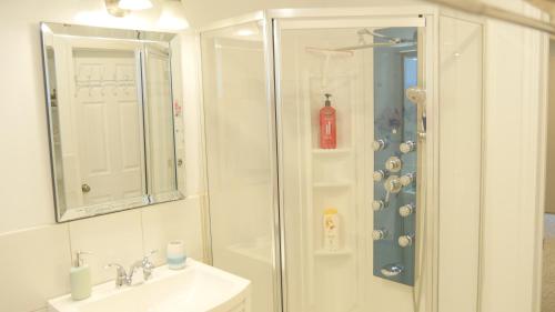 a white bathroom with a shower and a sink at Applewood Gardens Apartment in Mississauga