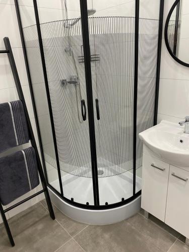 W łazience znajduje się prysznic i umywalka. w obiekcie Nowoczesny Apartament w Dzierżoniowie - parter - balkon - pokój + sypialnia w mieście Dzierżoniów