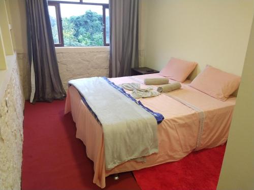 um quarto com uma cama grande e almofadas cor-de-rosa em 746 Pousada em Nova Friburgo