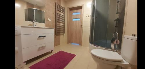 a bathroom with a toilet and a sink and a shower at Abra-fed apartament Kalinówka in Lublin