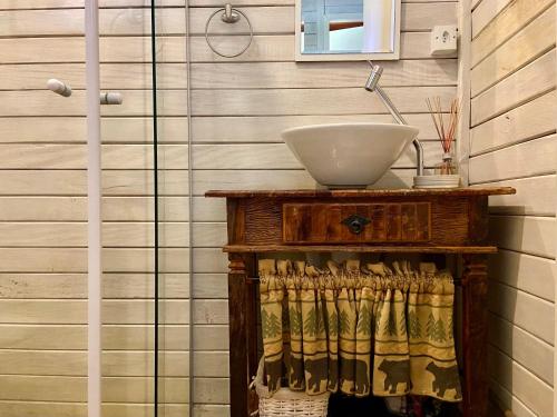 a bathroom with a sink on top of a wooden cabinet at Quinta do Papagaio in Pouso Alto