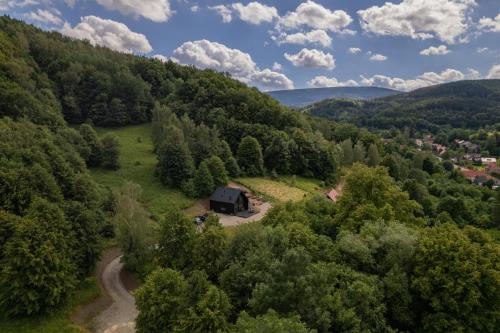una vista aérea de una cabaña en medio de un bosque en Czarny domek w górach, en Pieszyce